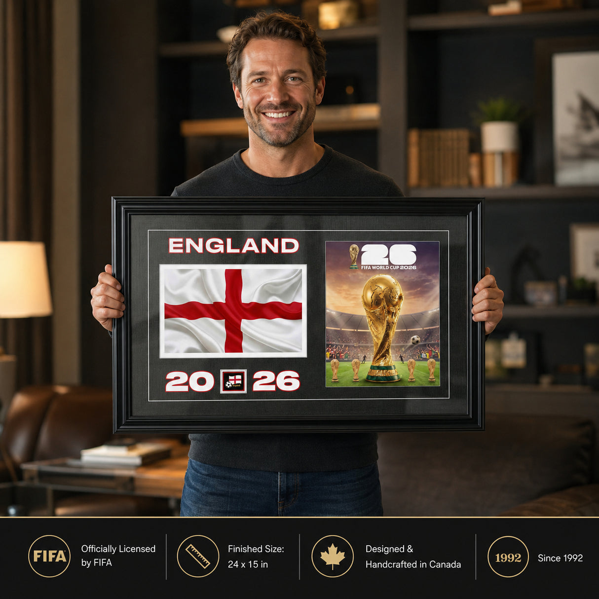 Team England 2026 World Cup Flag & Trophy Framed Print 15x24 — Held in hand showing scale and detail