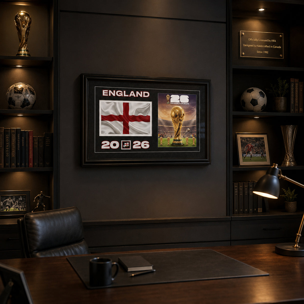 Team England 2026 World Cup Flag & Trophy Framed Print 15x24 — Displayed in a fan cave with mood lighting