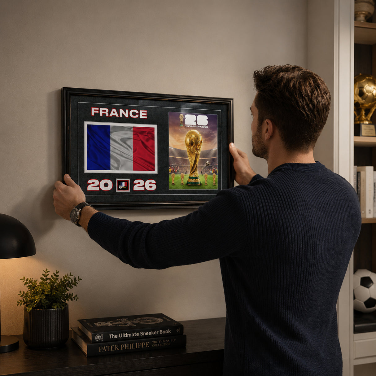 Team France 2026 World Cup Flag & Trophy Framed Print 15x24 — Being installed on the wall