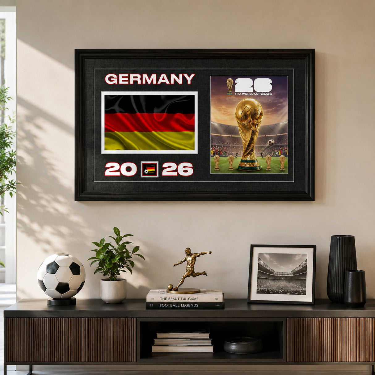 Team Germany 2026 World Cup Flag & Trophy Framed Print 15x24 — Wall-mounted lifestyle in a clean modern living room