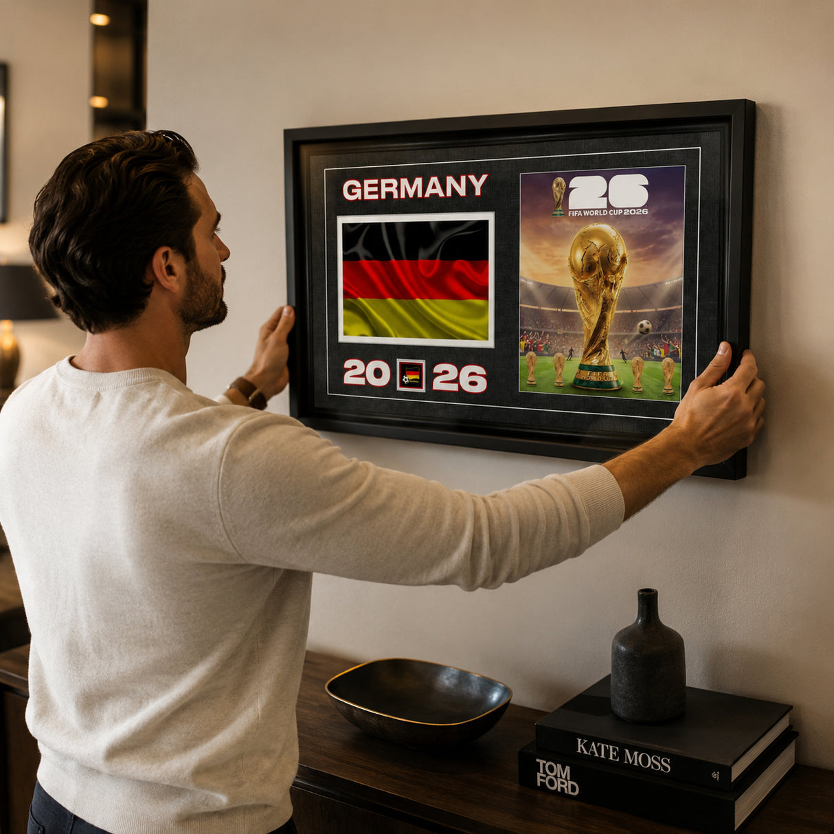 Team Germany 2026 World Cup Flag & Trophy Framed Print 15x24 — Being installed on the wall