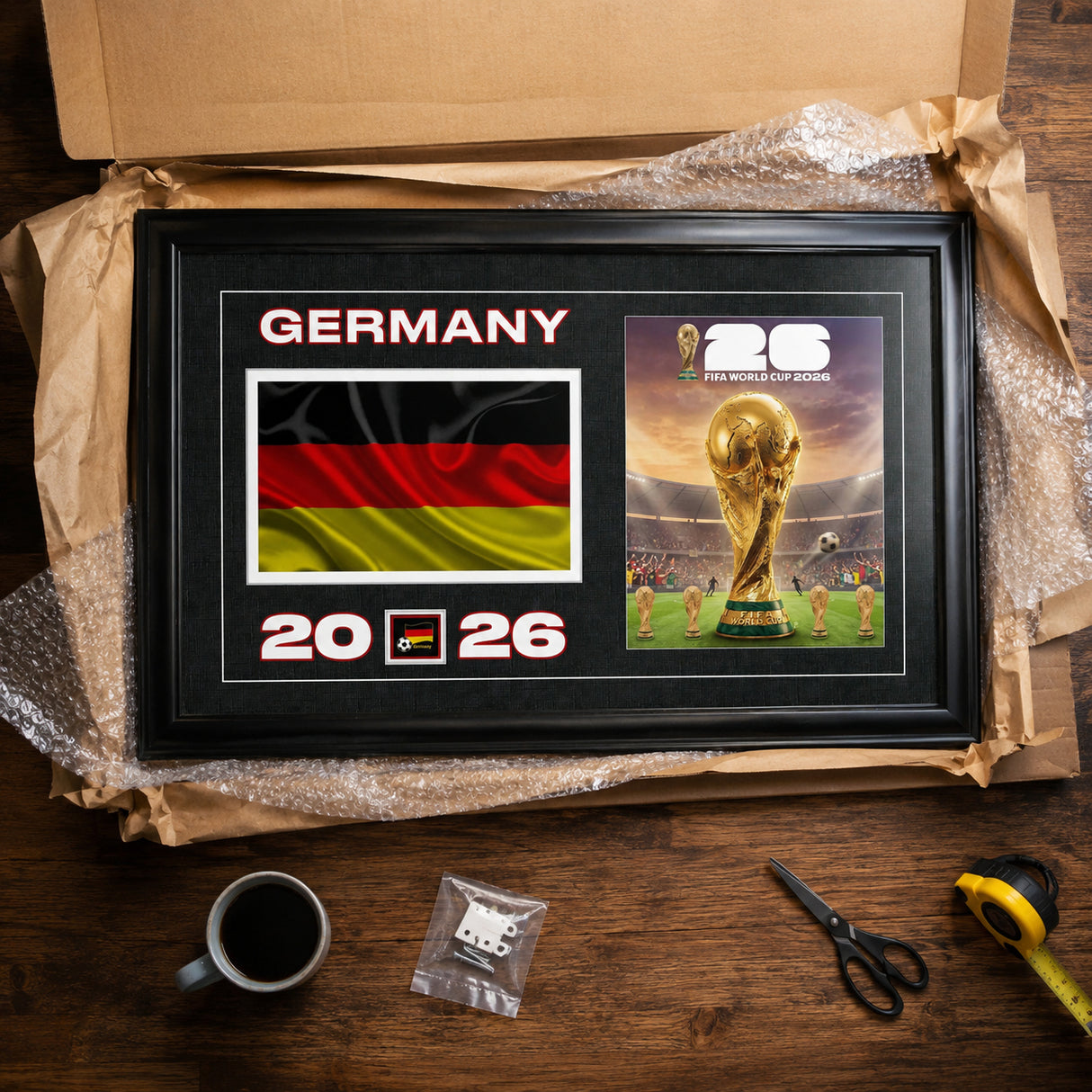 Team Germany 2026 World Cup Flag & Trophy Framed Print 15x24 — Unboxing presentation in shipping packaging