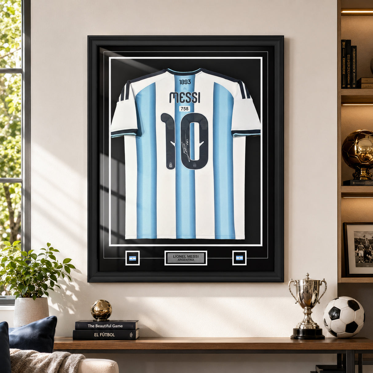 Lionel Messi signed framed Argentina 2026 World Cup jersey displayed on living room wall