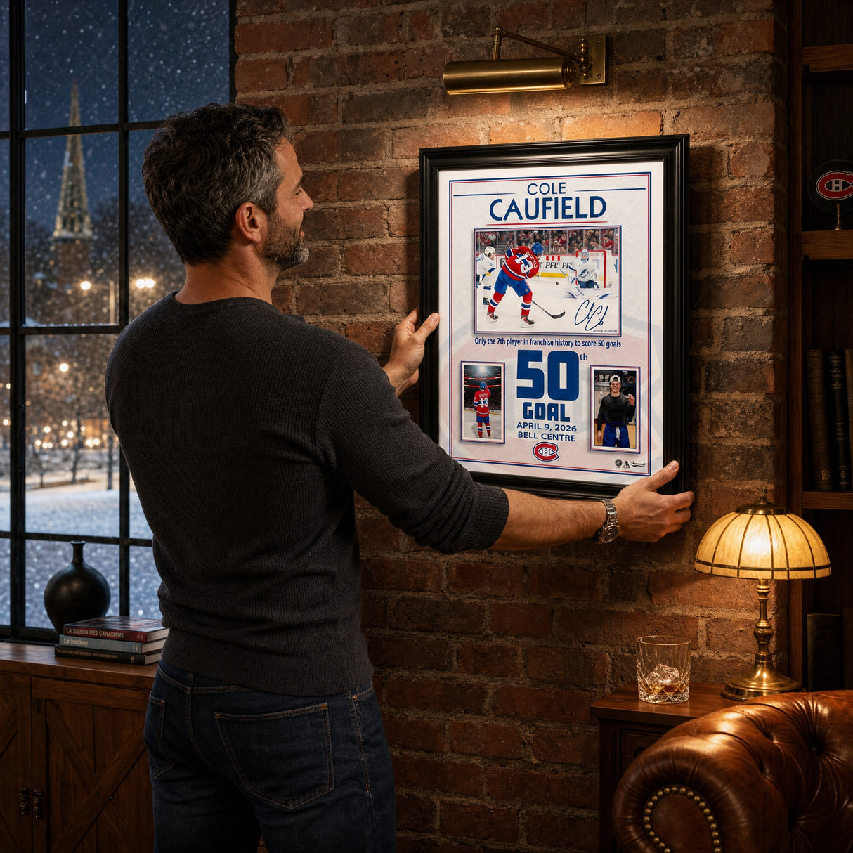Cole Caufield 50 Goal frame on a Mile End loft brick wall — Montreal collector decor