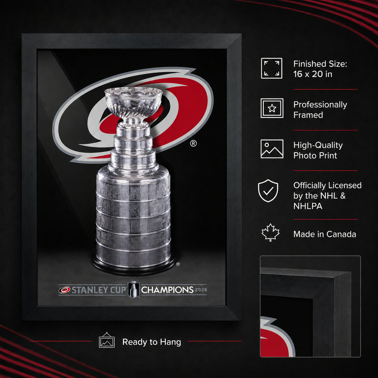 Carolina Hurricanes 16x20 Frame 2026 Stanley Cup Champions - feature details infographic