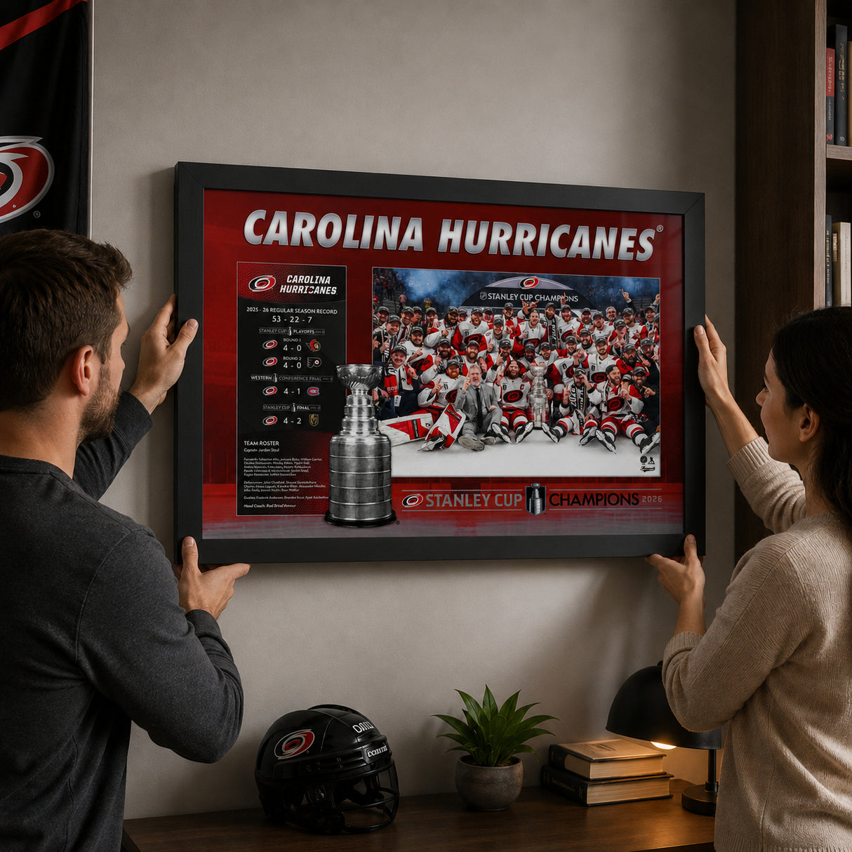 Carolina Hurricanes 16x24 Frame 2026 Stanley Cup Champions Stats - hanging installation lifestyle image