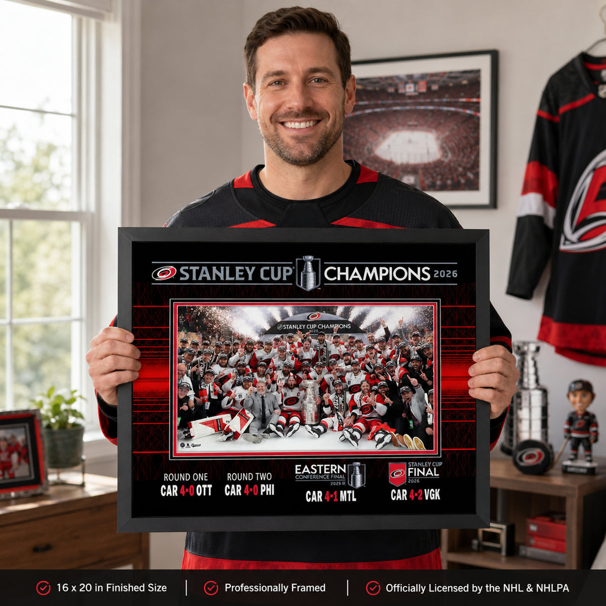Carolina Hurricanes 16x20 Frame 2026 Stanley Cup Champions Team Celebration - feature details infographic