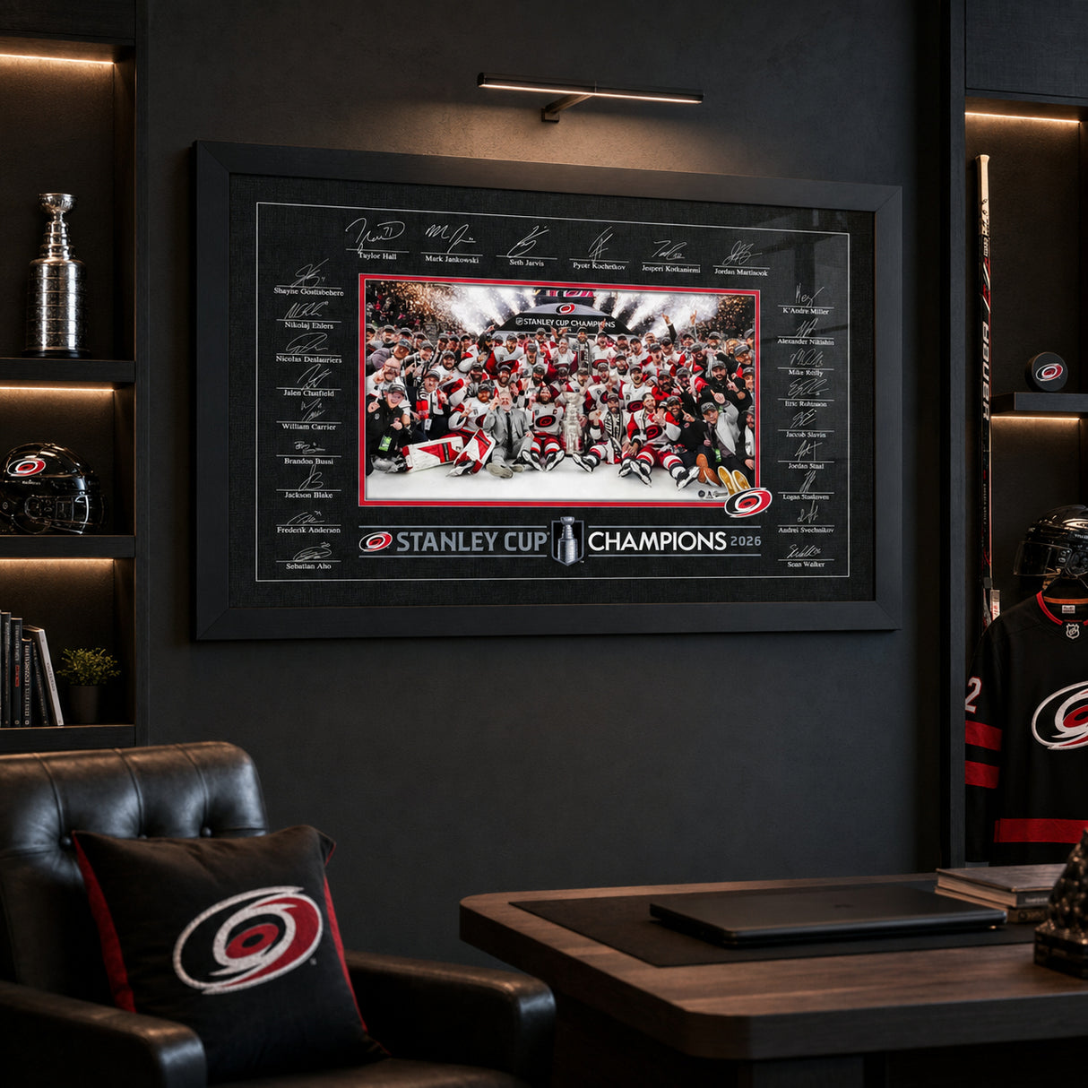 Carolina Hurricanes 24x36 Replica Signature Frame 2026 Stanley Cup Champions - display wall lifestyle image