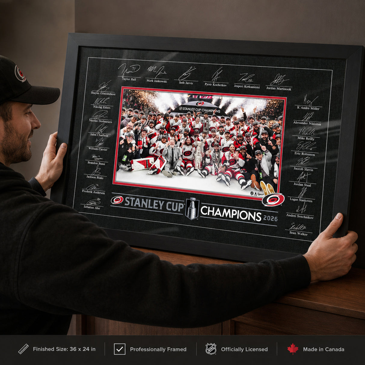 Carolina Hurricanes 24x36 Replica Signature Frame 2026 Stanley Cup Champions - collector holding framed print image