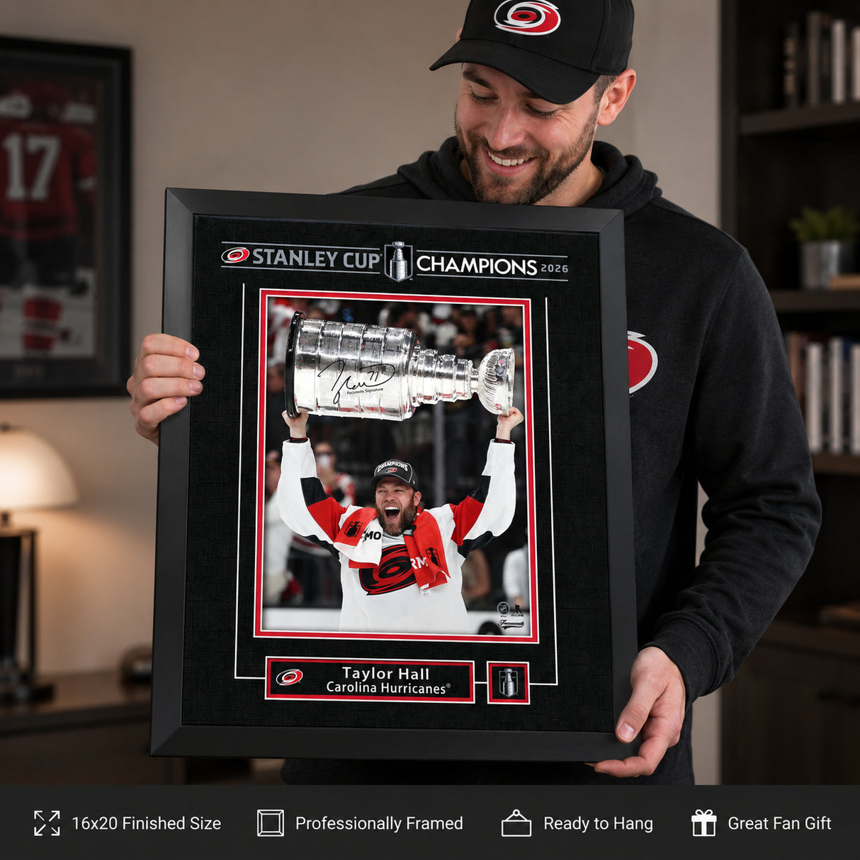 Taylor Hall 16x20 Replica Signature Frame Carolina Hurricanes 2026 Stanley Cup Champions - collector holding framed print image