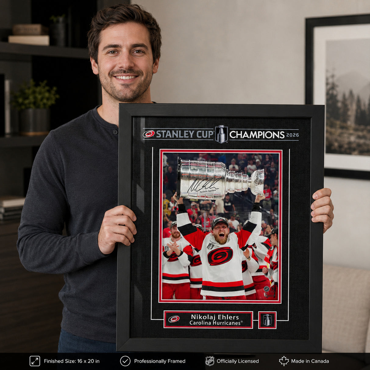 Nikolaj Ehlers 16x20 Replica Signature Frame Carolina Hurricanes 2026 Stanley Cup Champions - collector holding framed print image