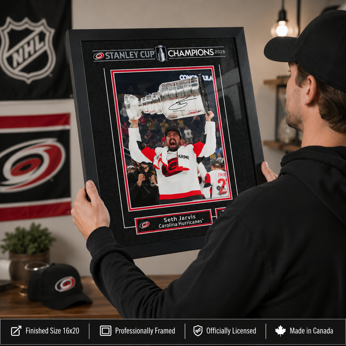 Seth Jarvis 16x20 Replica Signature Frame Carolina Hurricanes 2026 Stanley Cup Champions - collector holding framed print image