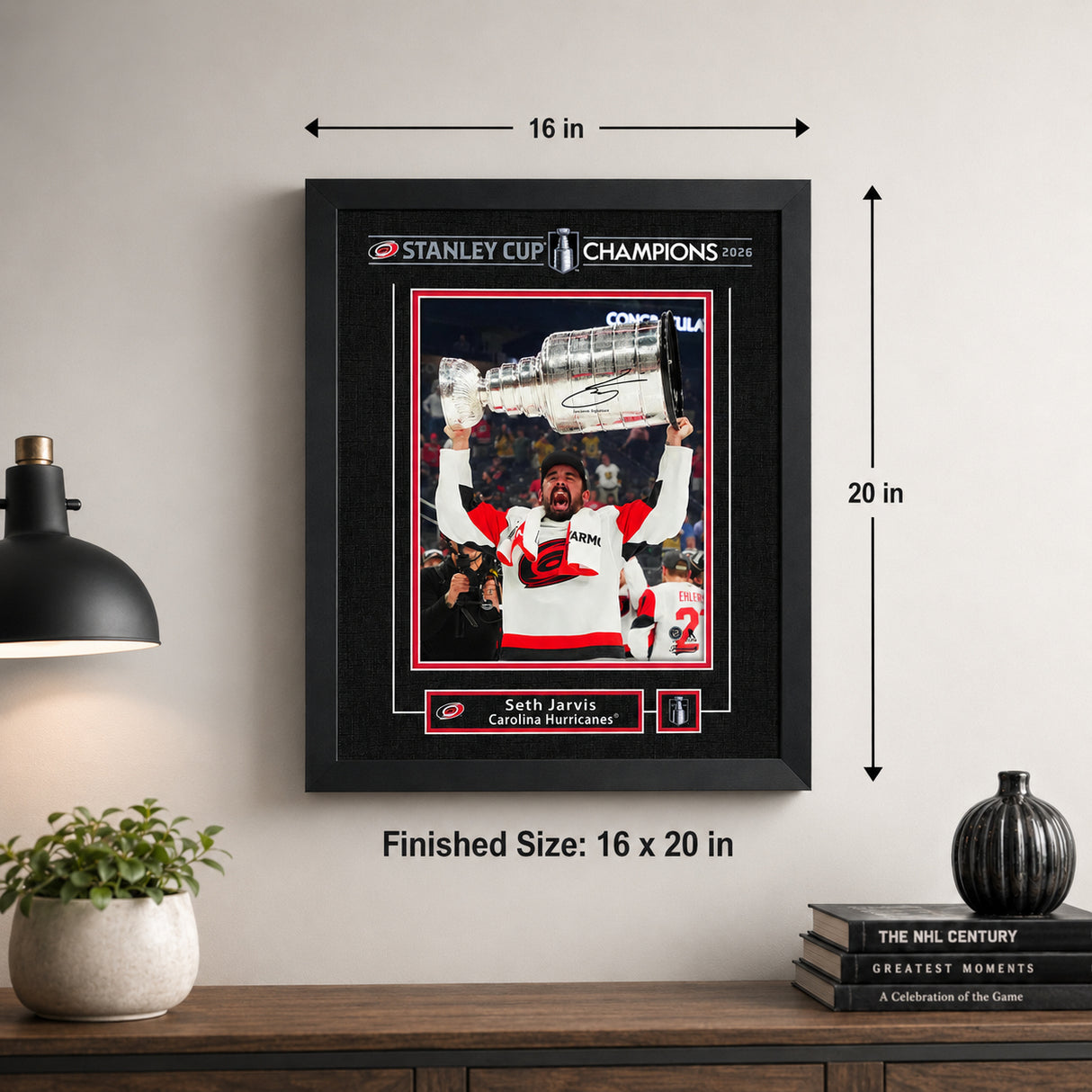 Seth Jarvis 16x20 Replica Signature Frame Carolina Hurricanes 2026 Stanley Cup Champions - finished size infographic