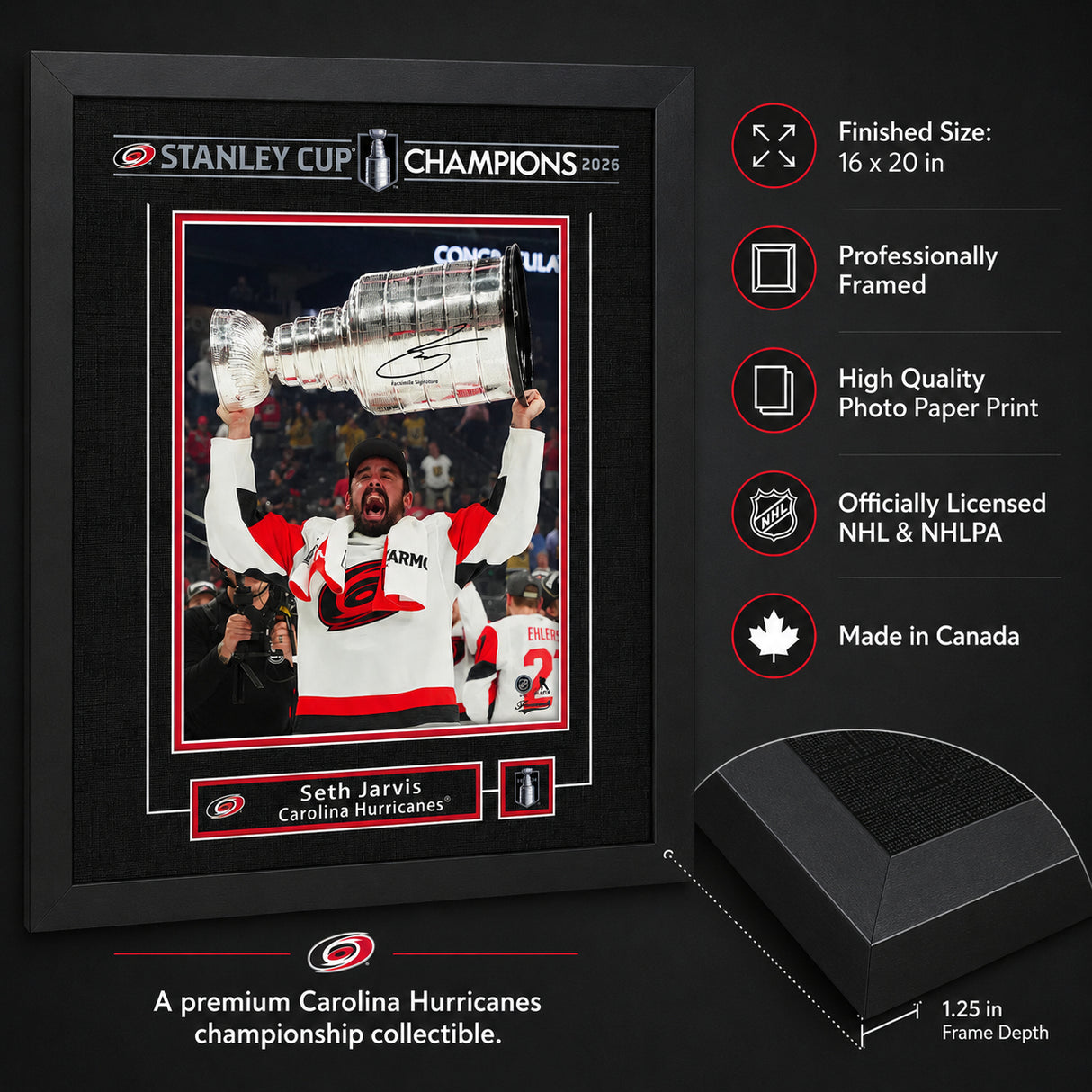 Seth Jarvis 16x20 Replica Signature Frame Carolina Hurricanes 2026 Stanley Cup Champions - feature details infographic