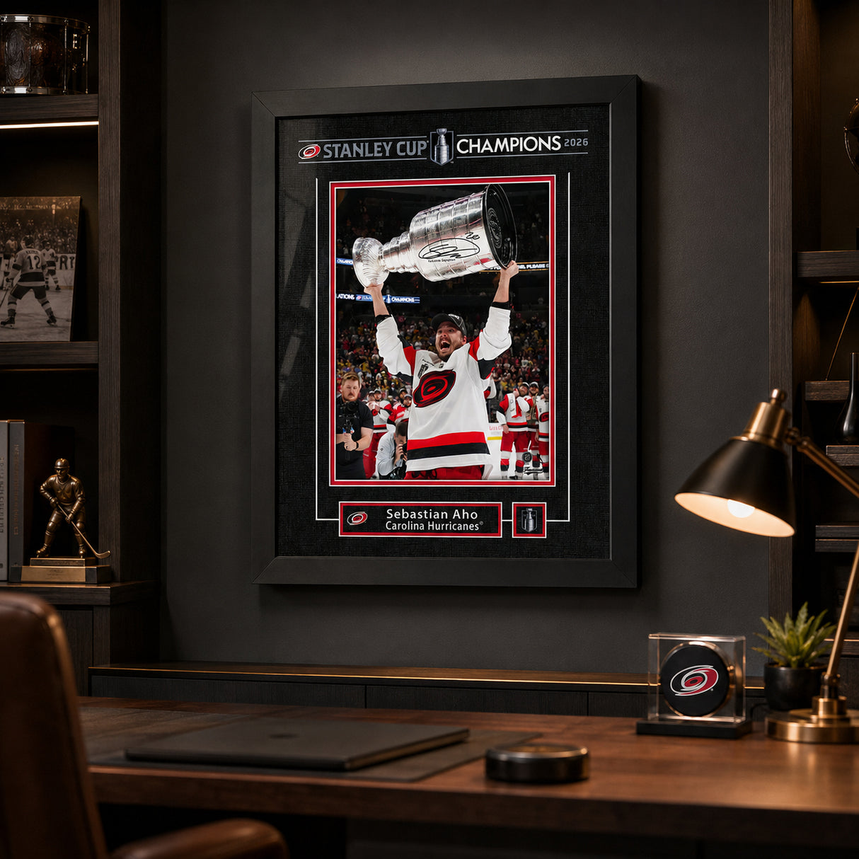 Sebastian Aho 16x20 Replica Signature Frame Carolina Hurricanes 2026 Stanley Cup Champions - display wall lifestyle image