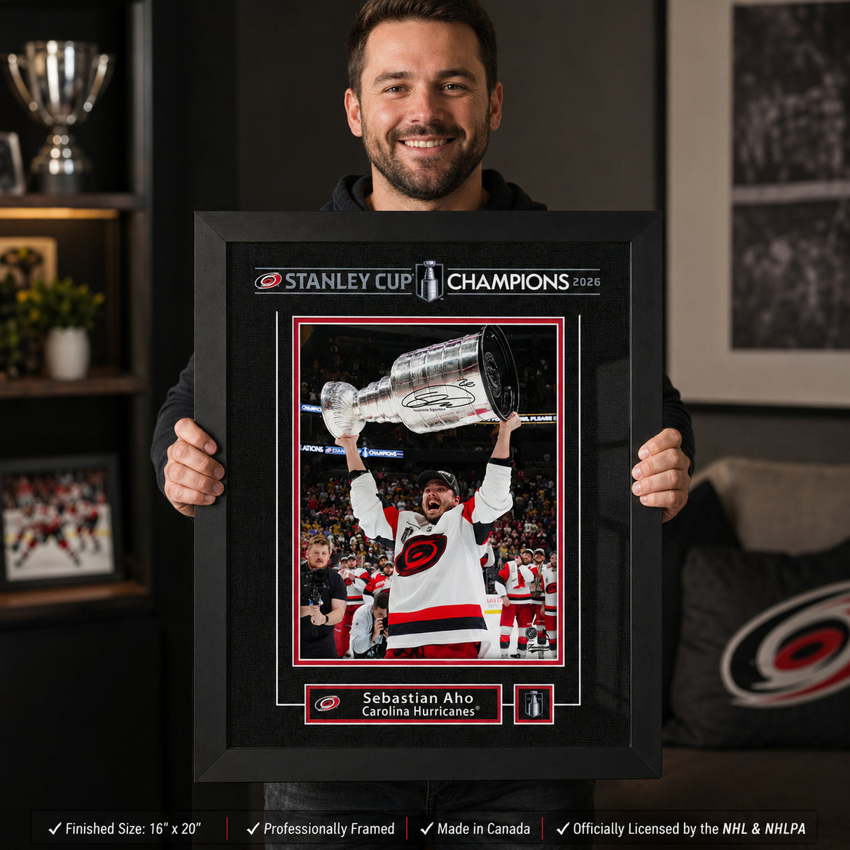 Sebastian Aho 16x20 Replica Signature Frame Carolina Hurricanes 2026 Stanley Cup Champions - hanging installation lifestyle image