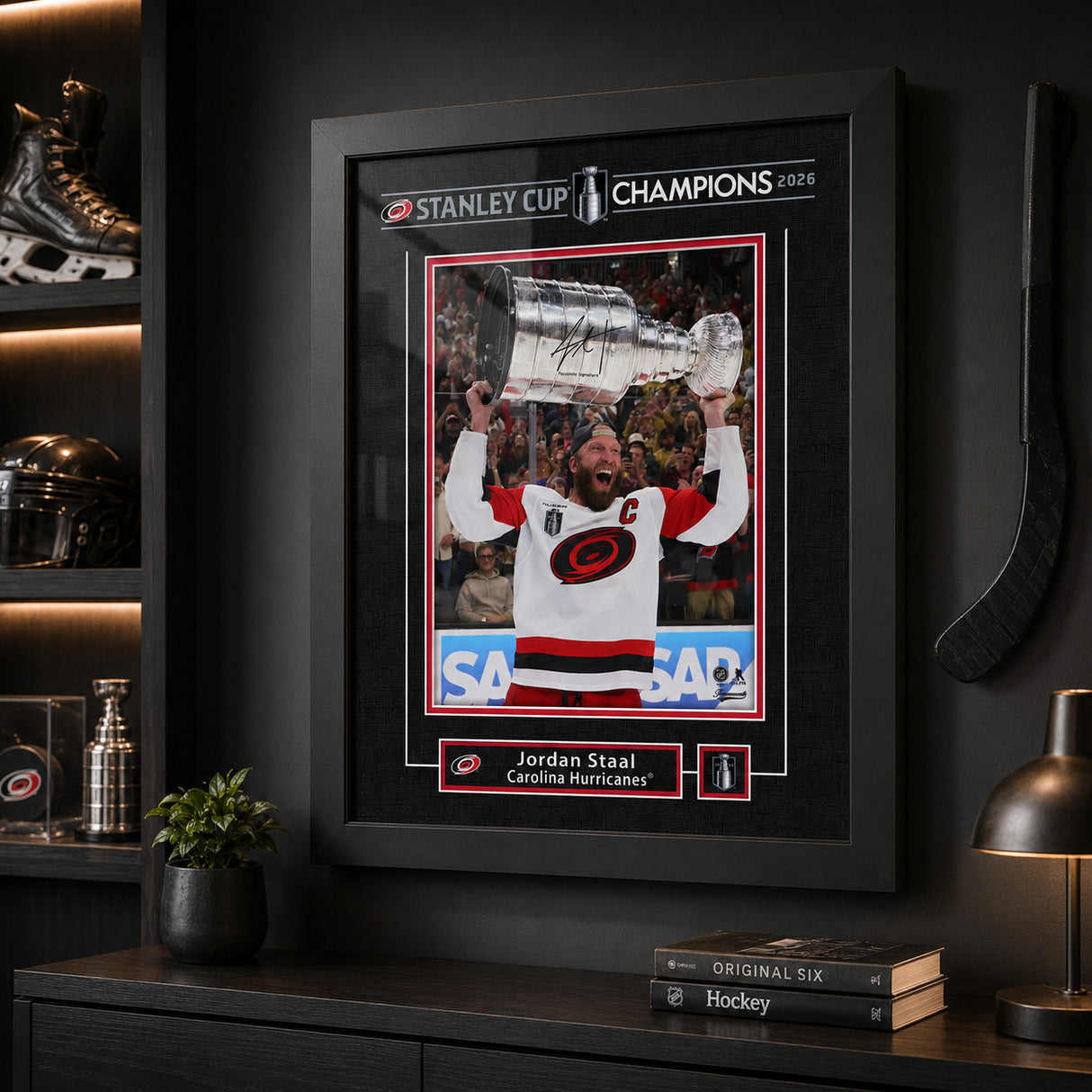 Jordan Staal 16x20 Replica Signature Frame Carolina Hurricanes 2026 Stanley Cup Champions - display wall lifestyle image