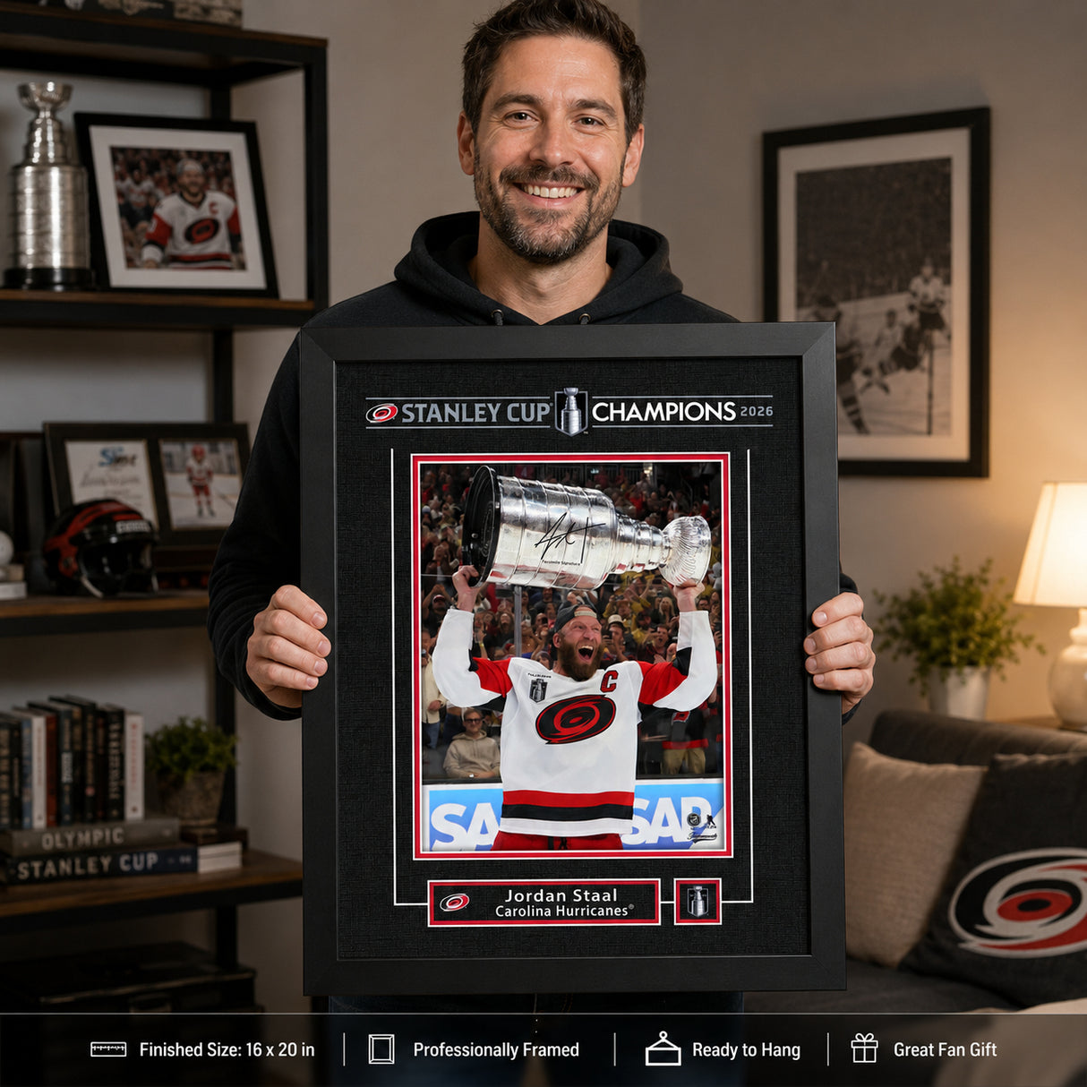 Jordan Staal 16x20 Replica Signature Frame Carolina Hurricanes 2026 Stanley Cup Champions - collector holding framed print image