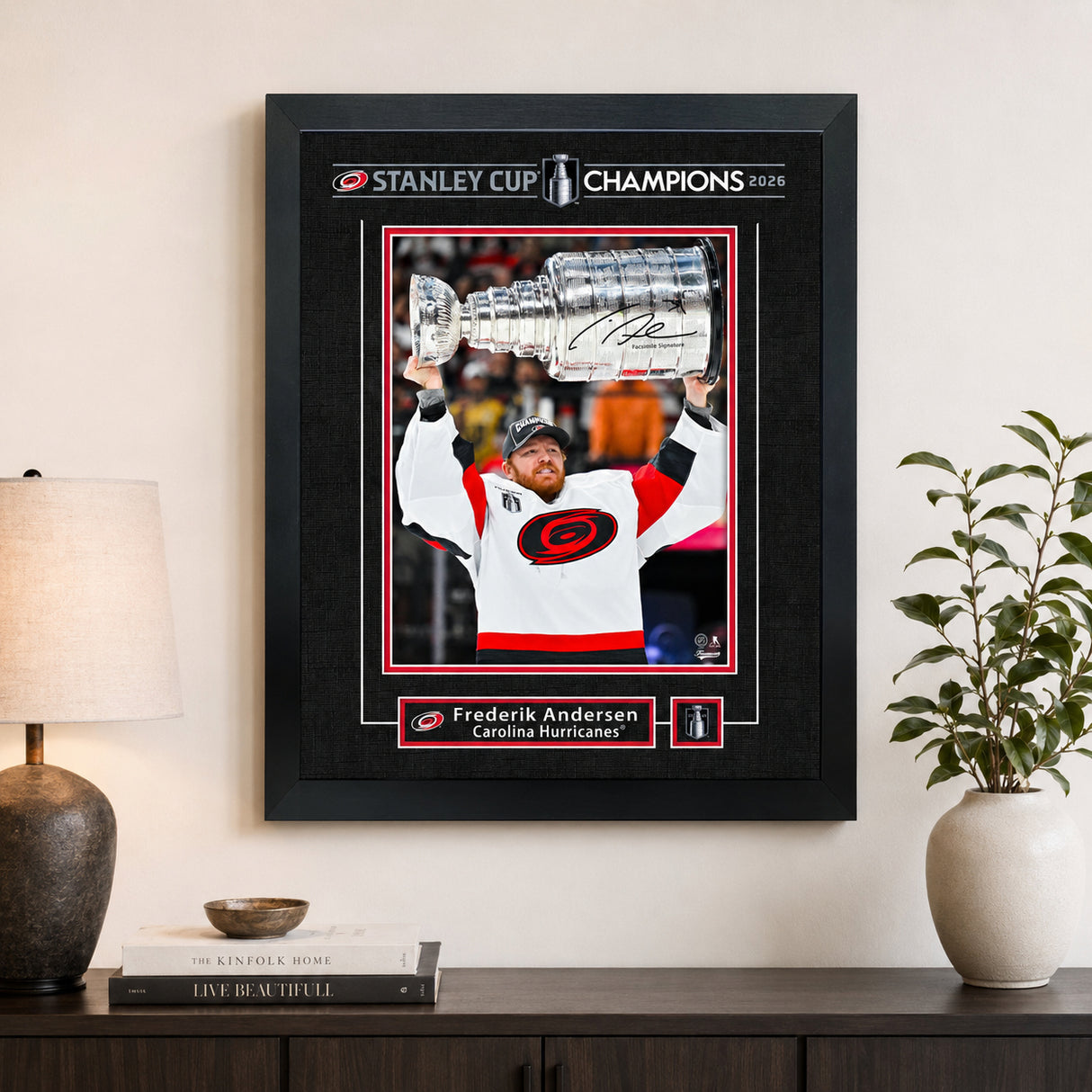 Frederik Andersen 16x20 Replica Signature Frame Carolina Hurricanes 2026 Stanley Cup Champions - room wall lifestyle image
