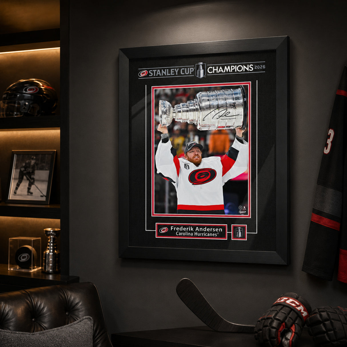 Frederik Andersen 16x20 Replica Signature Frame Carolina Hurricanes 2026 Stanley Cup Champions - display wall lifestyle image