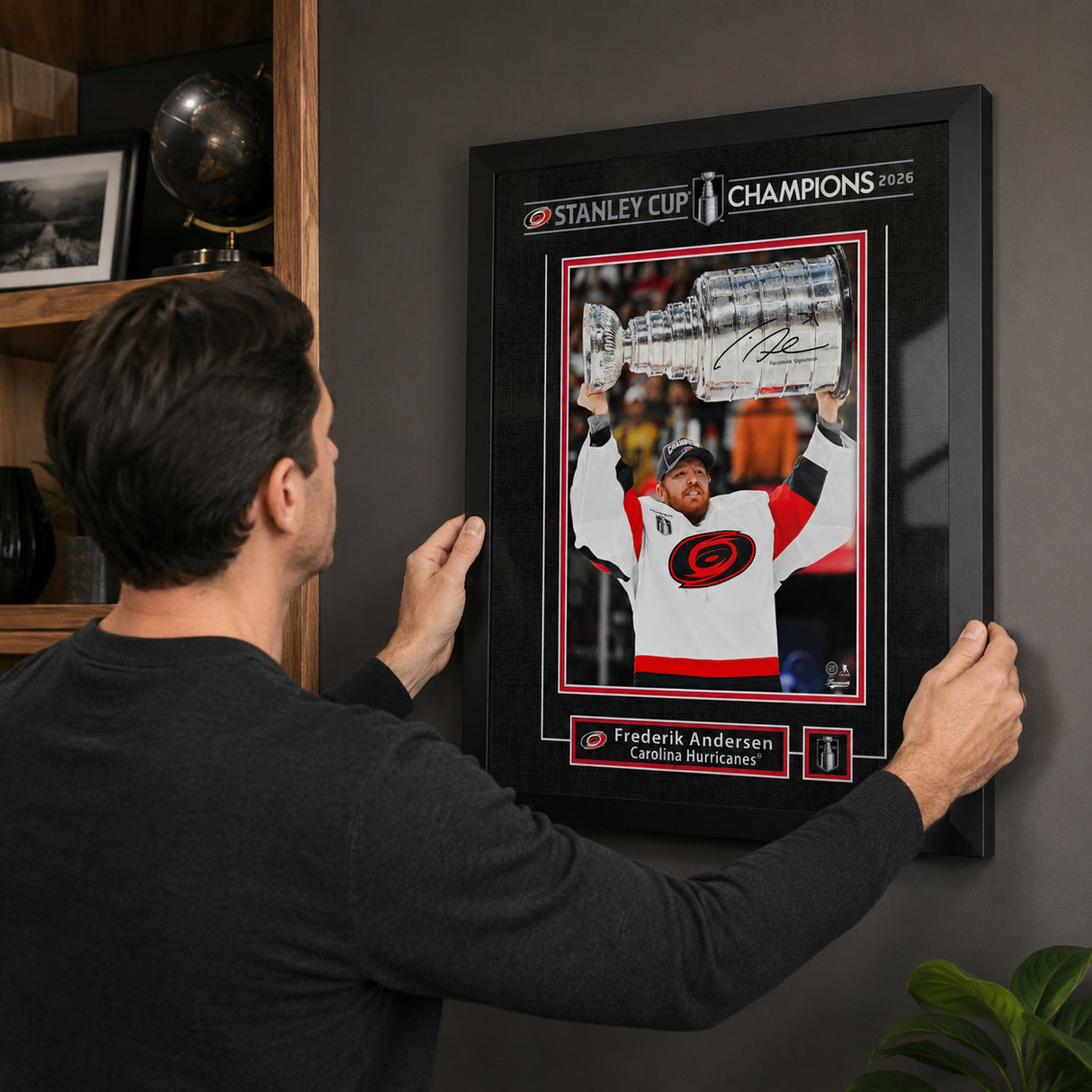 Frederik Andersen 16x20 Replica Signature Frame Carolina Hurricanes 2026 Stanley Cup Champions - hanging installation lifestyle image