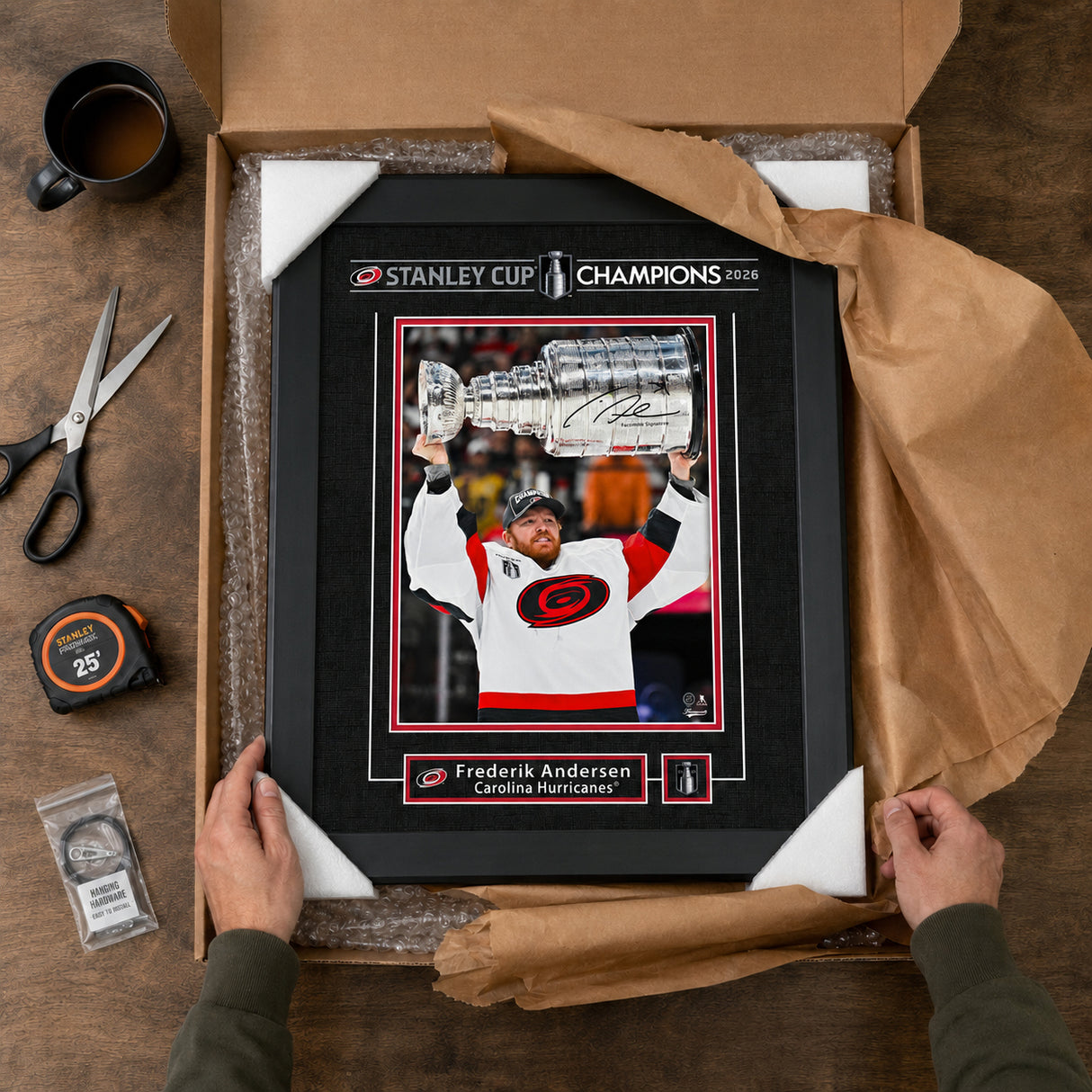 Frederik Andersen 16x20 Replica Signature Frame Carolina Hurricanes 2026 Stanley Cup Champions - feature details infographic