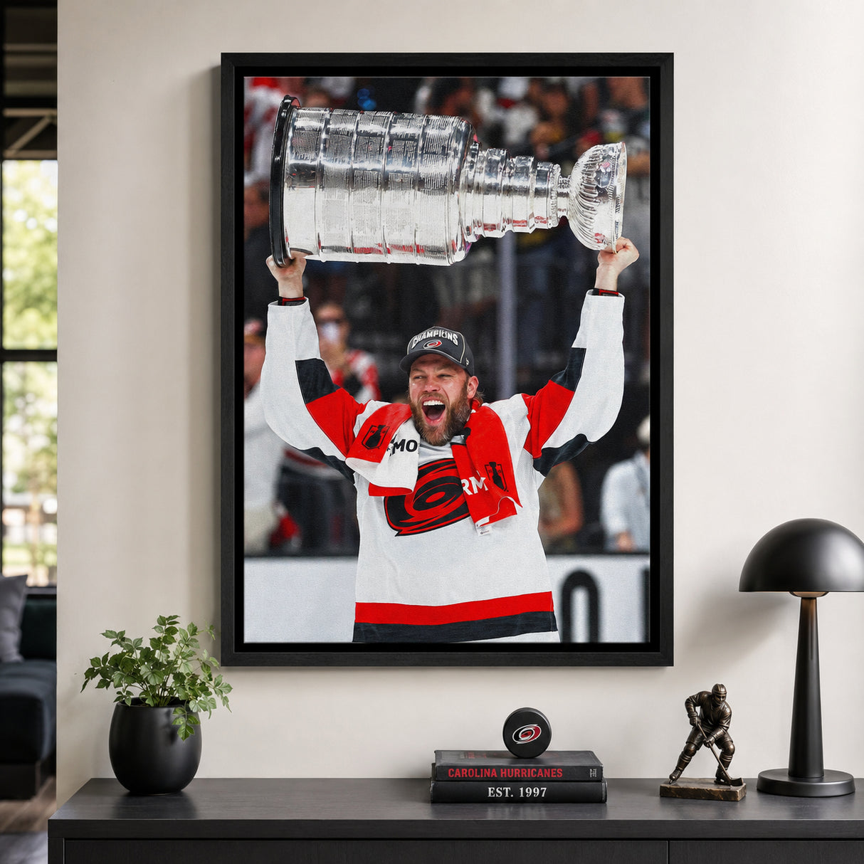 Taylor Hall 20x29 Framed Canvas Carolina Hurricanes 2026 Stanley Cup Champions - room wall lifestyle image