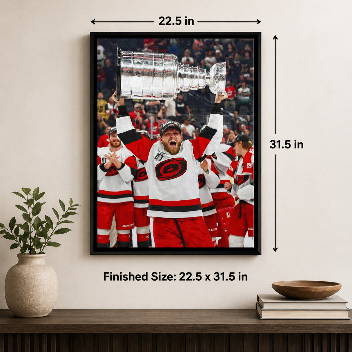 Nikolaj Ehlers 20x29 Framed Canvas Carolina Hurricanes 2026 Stanley Cup Champions - finished size infographic