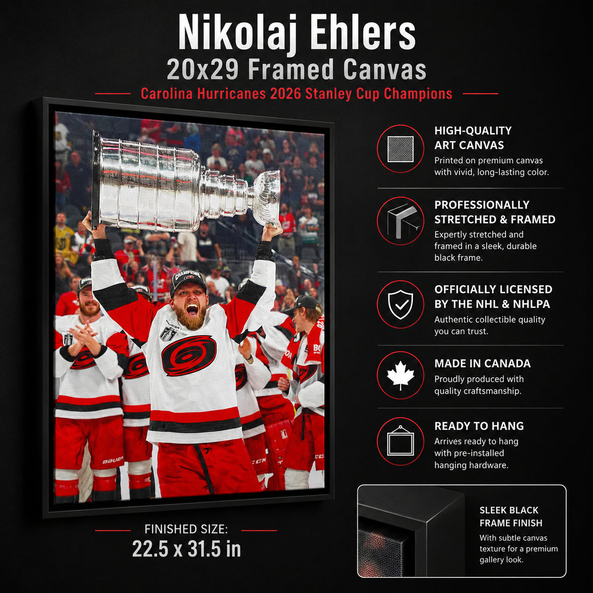 Nikolaj Ehlers 20x29 Framed Canvas Carolina Hurricanes 2026 Stanley Cup Champions - feature details infographic