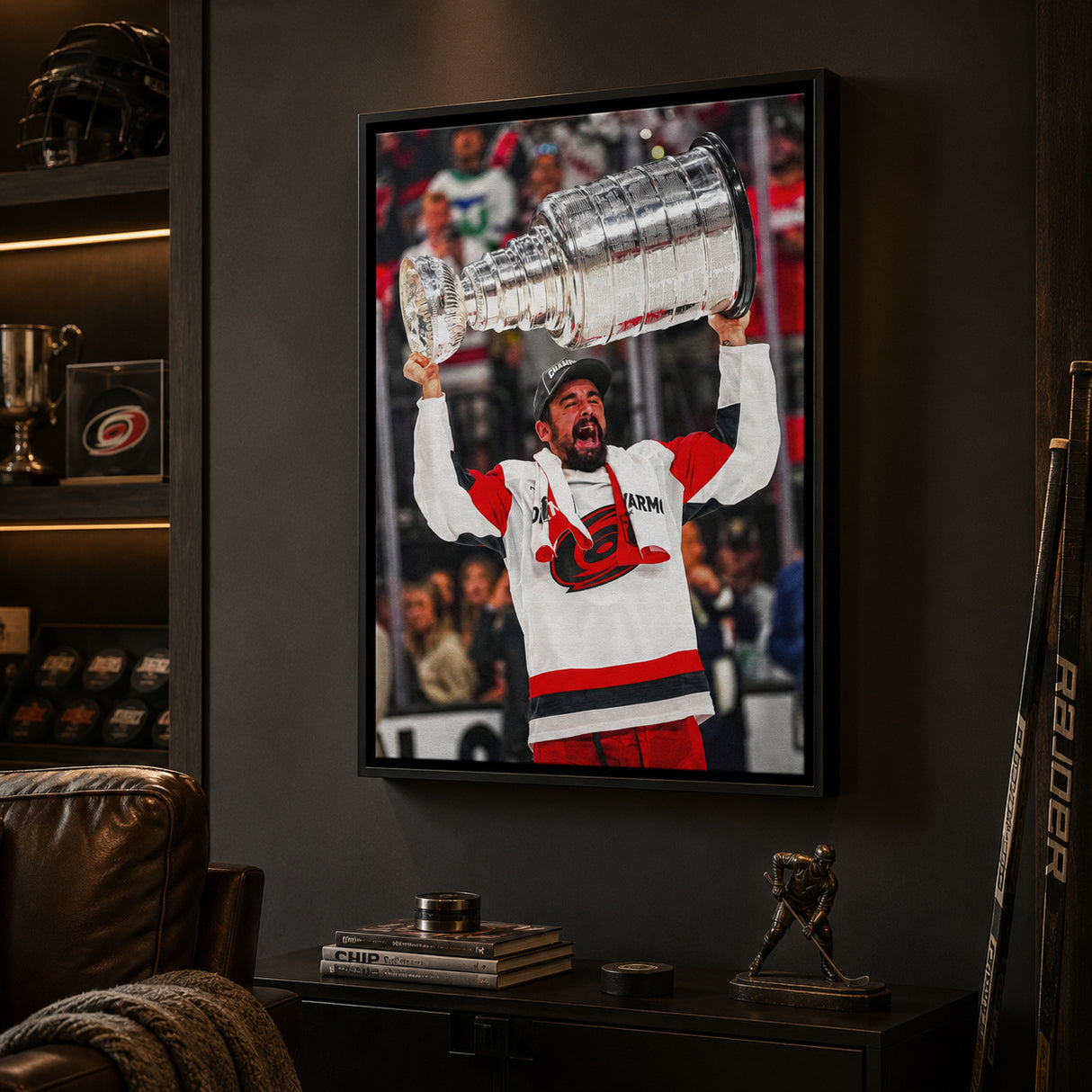 Seth Jarvis 20x29 Framed Canvas Carolina Hurricanes 2026 Stanley Cup Champions - display wall lifestyle image