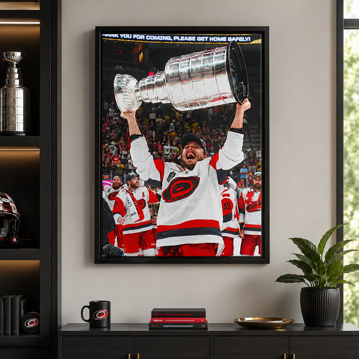 Sebastian Aho 20x29 Framed Canvas Carolina Hurricanes 2026 Stanley Cup Champions - room wall lifestyle image