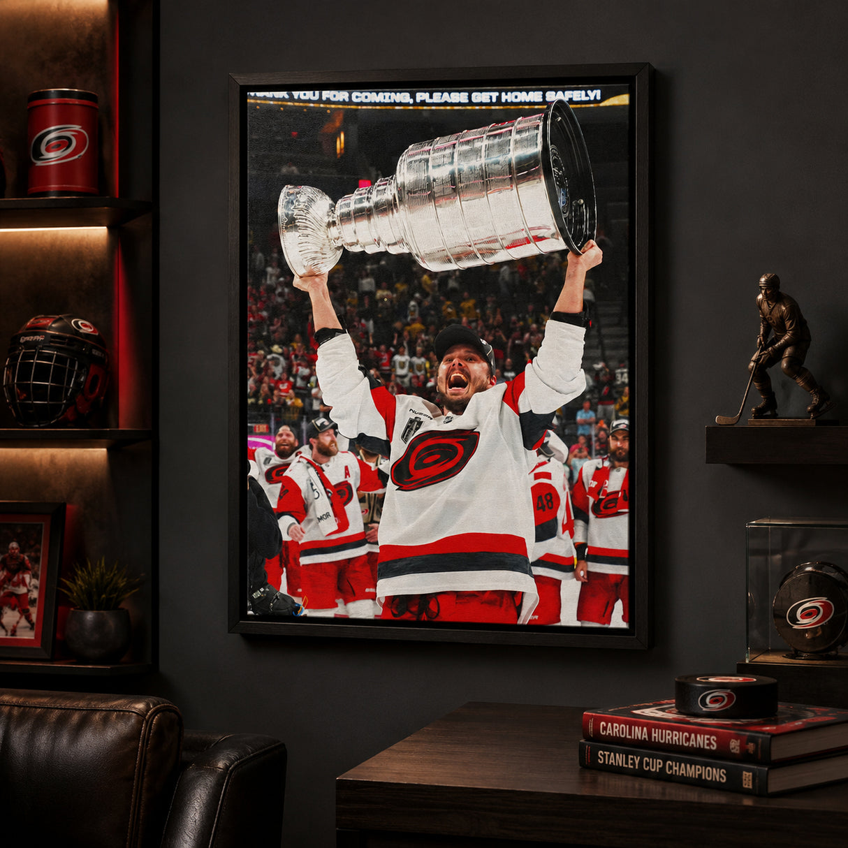 Sebastian Aho 20x29 Framed Canvas Carolina Hurricanes 2026 Stanley Cup Champions - display wall lifestyle image