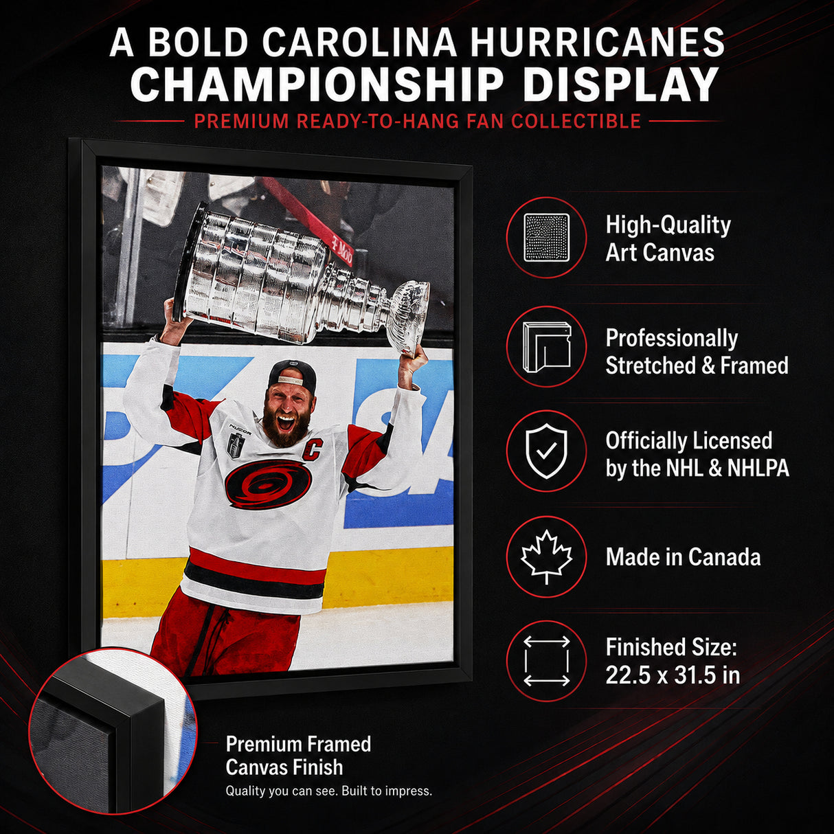 Jordan Staal 20x29 Framed Canvas Carolina Hurricanes 2026 Stanley Cup Champion - feature details infographic