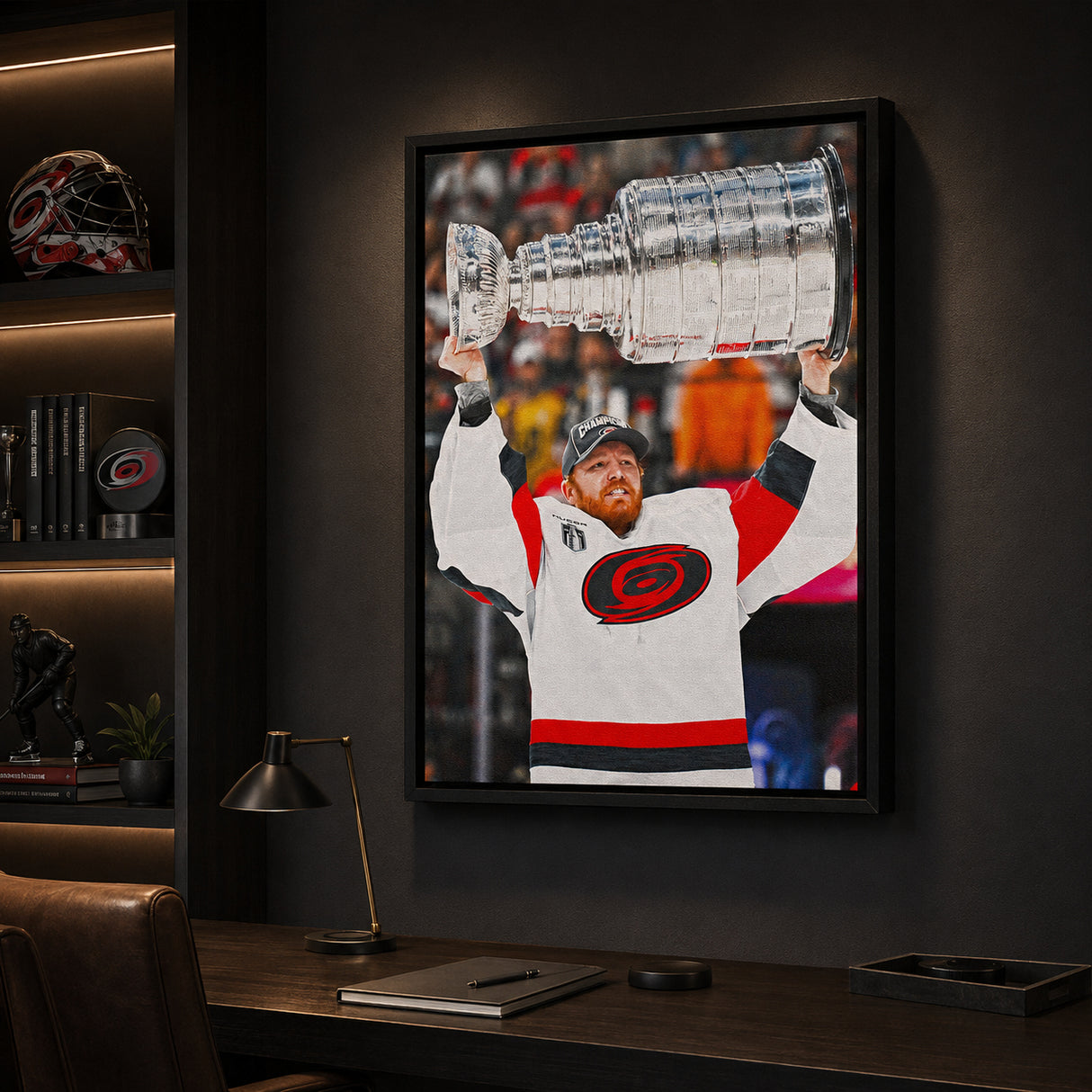 Frederik Andersen 20x29 Framed Canvas Carolina Hurricanes 2026 Stanley Cup Champions - display wall lifestyle image