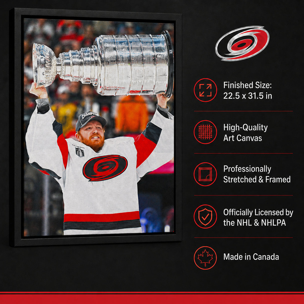 Frederik Andersen 20x29 Framed Canvas Carolina Hurricanes 2026 Stanley Cup Champions - feature details infographic