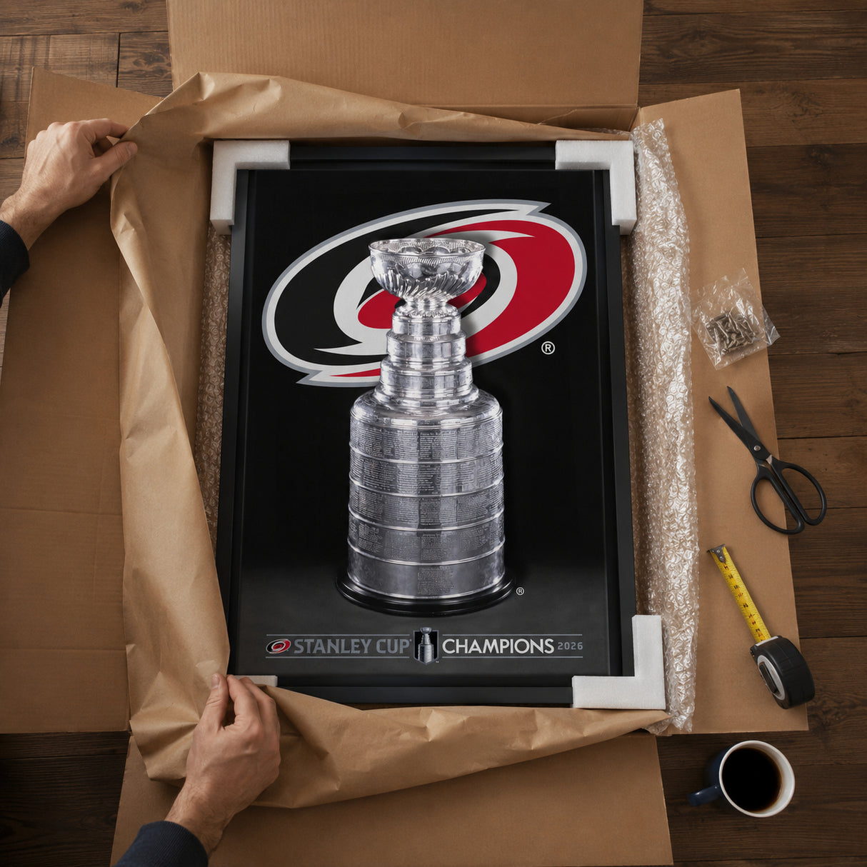 Carolina Hurricanes 20x29 Framed Canvas 2026 Stanley Cup Champions - unboxing lifestyle image