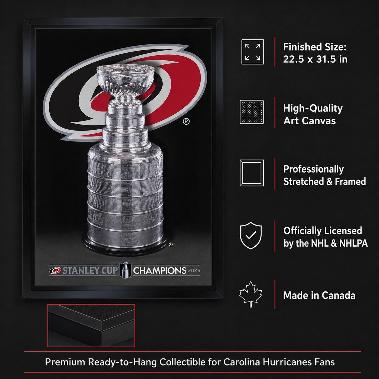 Carolina Hurricanes 20x29 Framed Canvas 2026 Stanley Cup Champions - feature details infographic