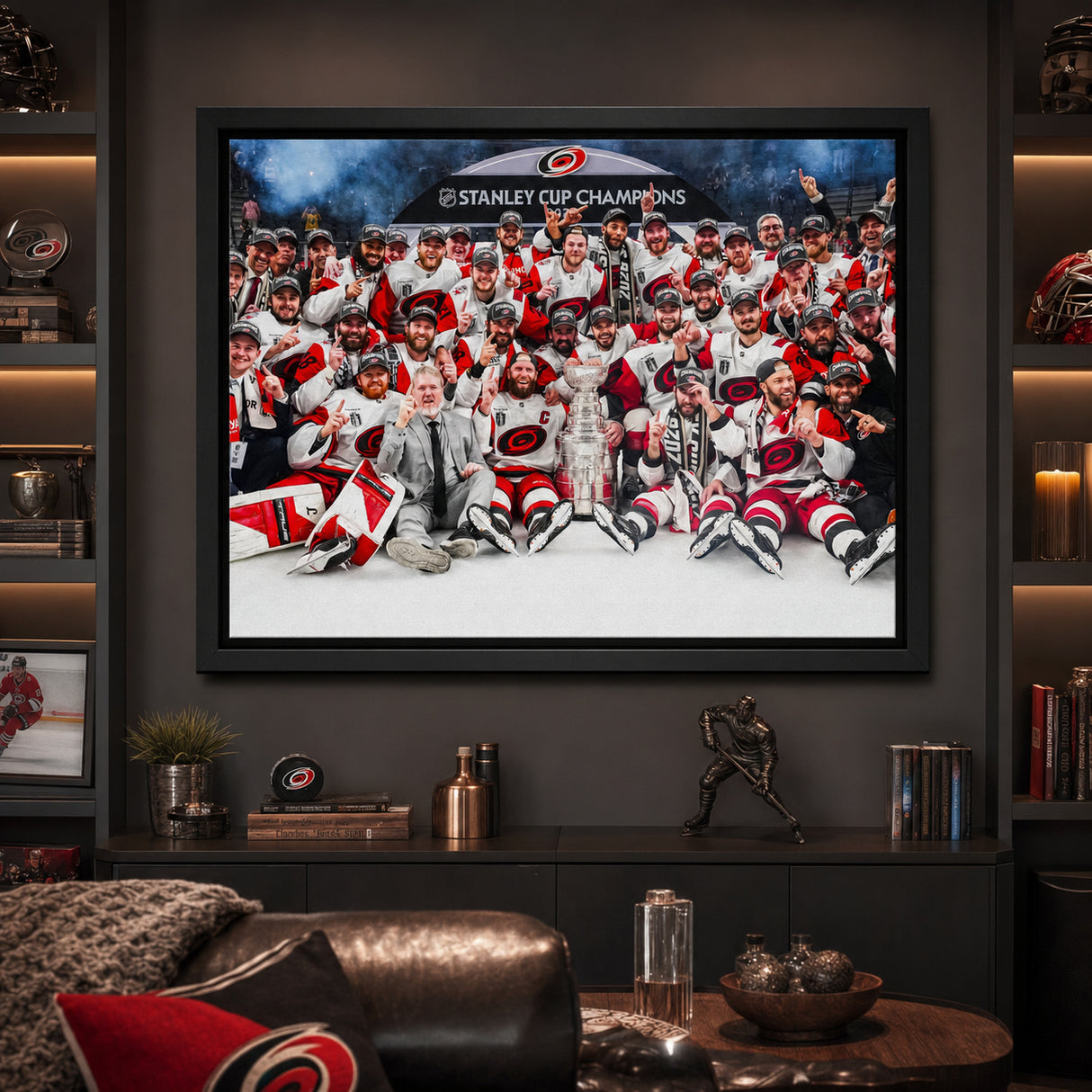 Carolina Hurricanes 20x29 Framed Canvas Celebration 2026 Stanley Cup Champions - display wall lifestyle image
