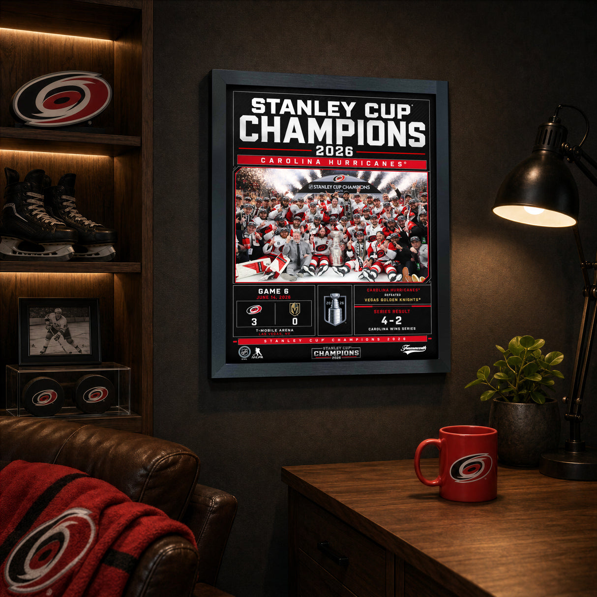 Carolina Hurricanes 2026 Stanley Cup Champions Scoreboard Design PhotoGlass frame displayed in a fan room