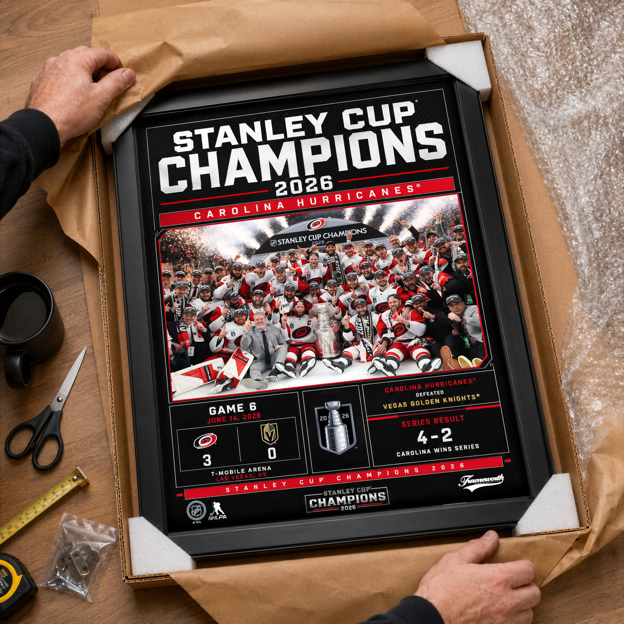 Carolina Hurricanes 16x20 PhotoGlass Frame 2026 Stanley Cup Champions Scoreboard Design unboxed framed PhotoGlass detail