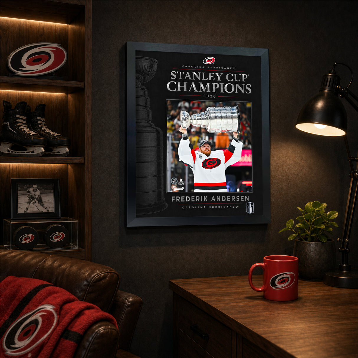 Frederik Andersen 16x20 PhotoGlass frame Carolina Hurricanes 2026 Stanley Cup Champions displayed in a fan room