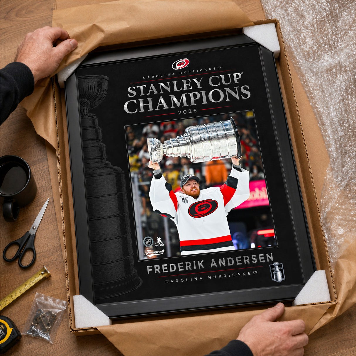Frederik Andersen 16x20 PhotoGlass Frame Carolina Hurricanes 2026 Stanley Cup Champions unboxed framed PhotoGlass detail