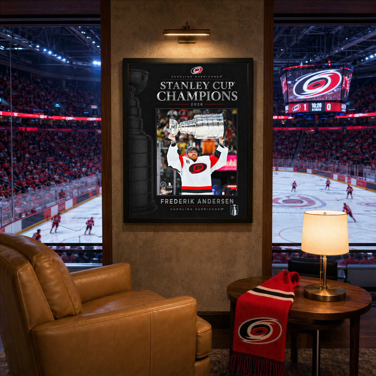 Frederik Andersen 16x20 PhotoGlass Frame Carolina Hurricanes 2026 Stanley Cup Champions displayed in a hockey fan room