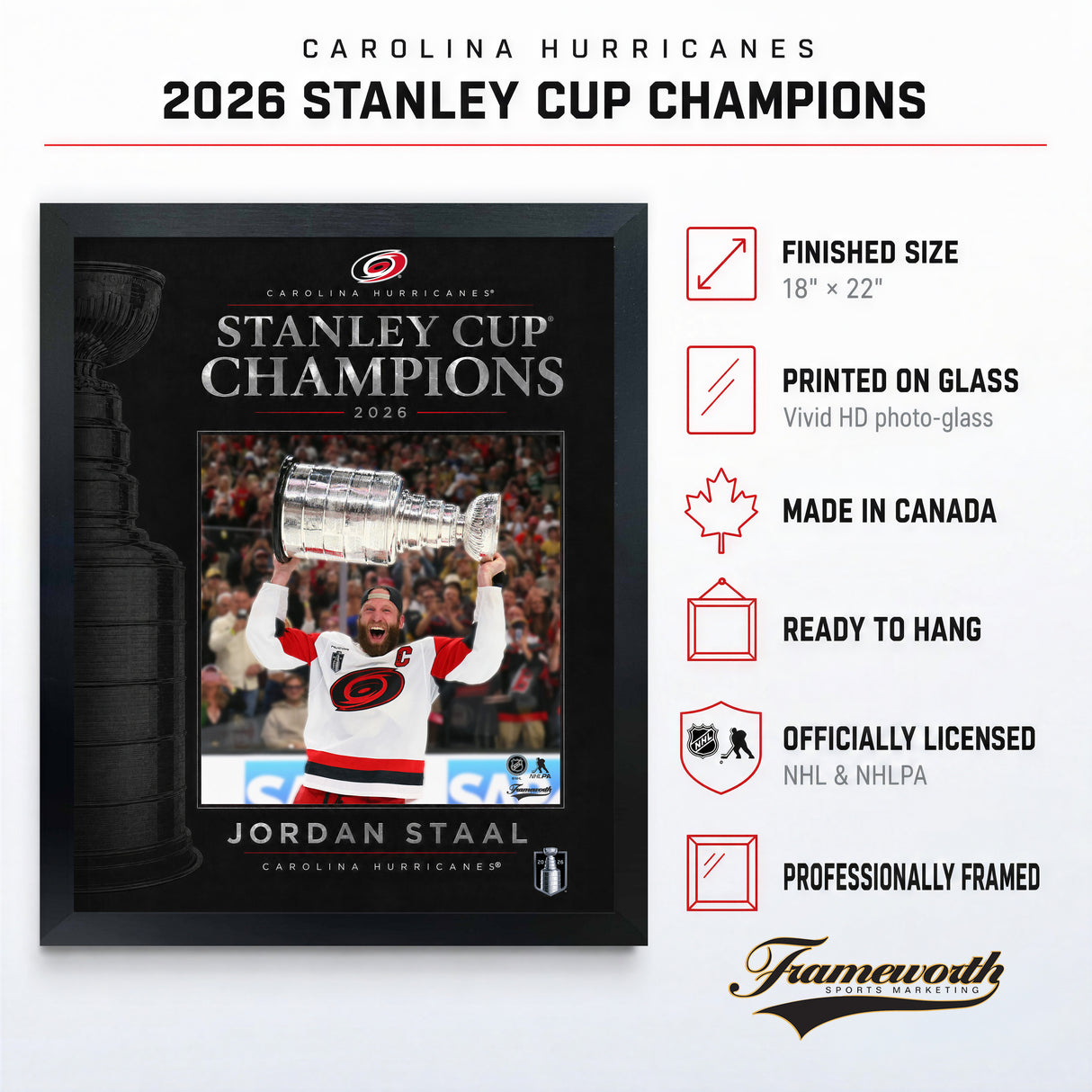 Jordan Staal 16x20 PhotoGlass Frame Carolina Hurricanes 2026 Stanley Cup Champions PhotoGlass product features and dimensions