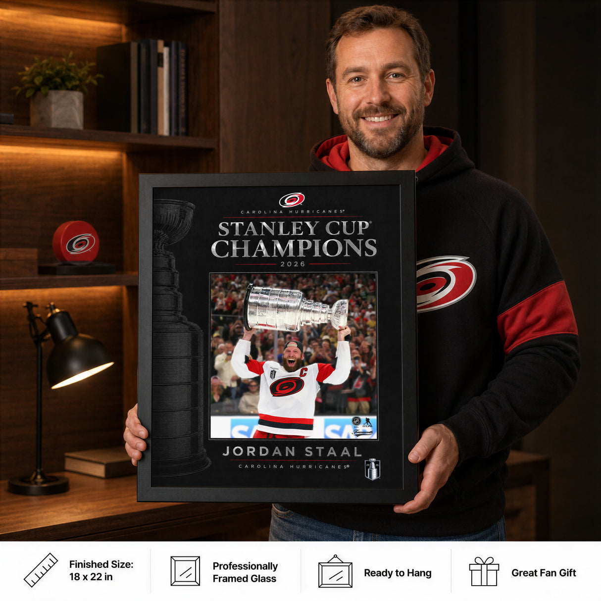 Jordan Staal 16x20 PhotoGlass Frame Carolina Hurricanes 2026 Stanley Cup Champions held as framed Carolina Hurricanes wall art