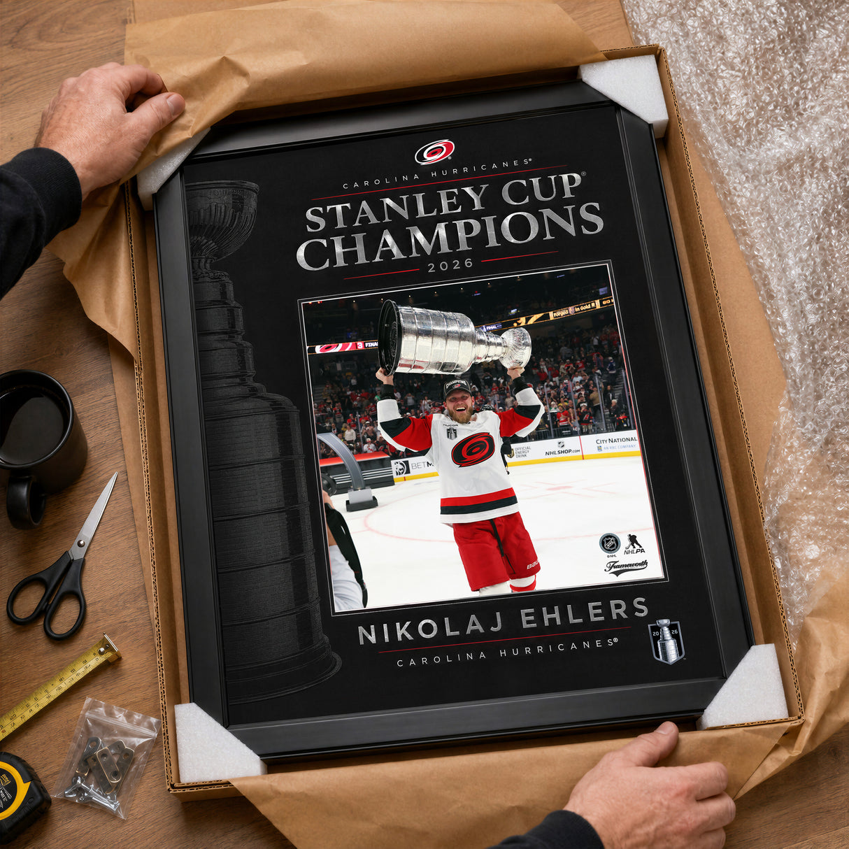 Nikolaj Ehlers 16x20 PhotoGlass Frame Carolina Hurricanes 2026 Stanley Cup Champions unboxed framed PhotoGlass detail