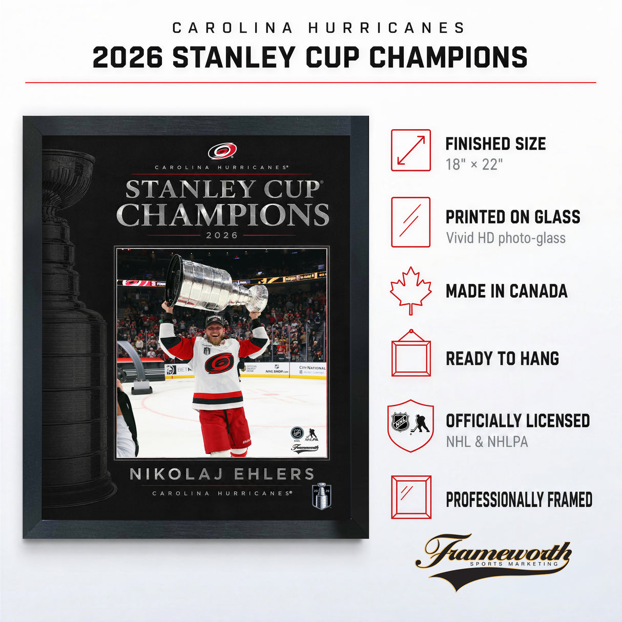 Nikolaj Ehlers 16x20 PhotoGlass Frame Carolina Hurricanes 2026 Stanley Cup Champions PhotoGlass product features and dimensions