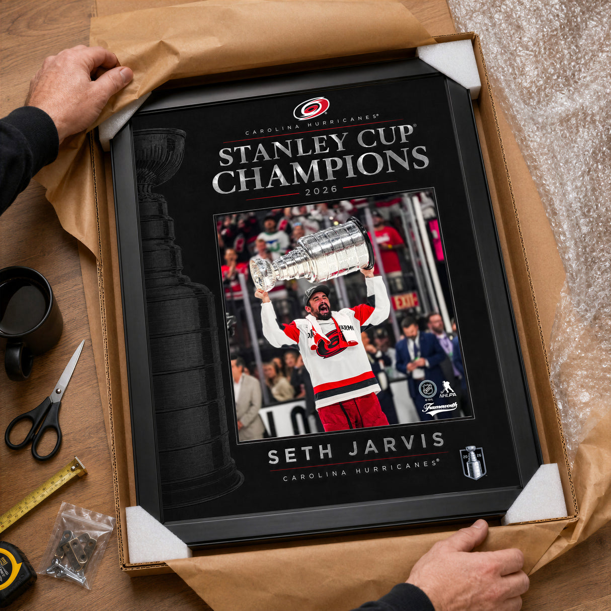 Seth Jarvis 16x20 PhotoGlass Frame Carolina Hurricanes 2026 Stanley Cup Champions unboxed framed PhotoGlass detail