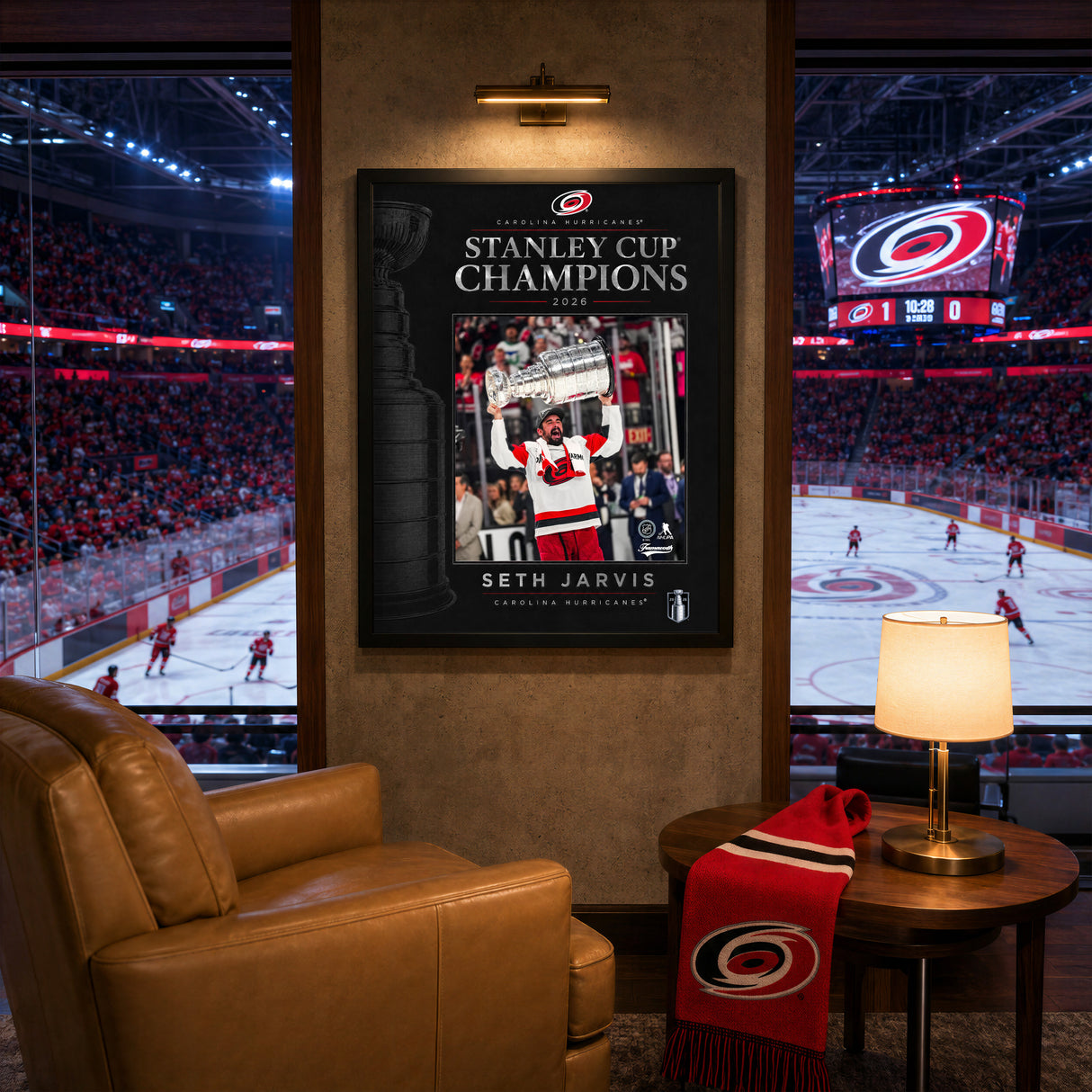 Seth Jarvis 16x20 PhotoGlass Frame Carolina Hurricanes 2026 Stanley Cup Champions displayed in a hockey fan room