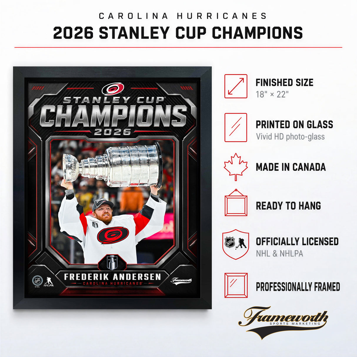 Frederik Andersen 16x20 PhotoGlass Frame Carolina Hurricanes 2026 Stanley Cup Champions Shield Design lifestyle 4 image